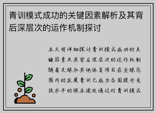 青训模式成功的关键因素解析及其背后深层次的运作机制探讨