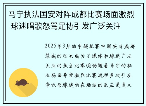 马宁执法国安对阵成都比赛场面激烈 球迷唱歌怒骂足协引发广泛关注