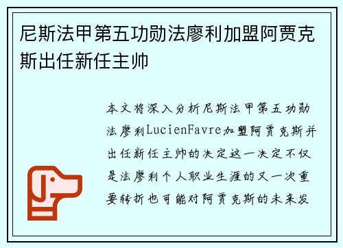 尼斯法甲第五功勋法廖利加盟阿贾克斯出任新任主帅