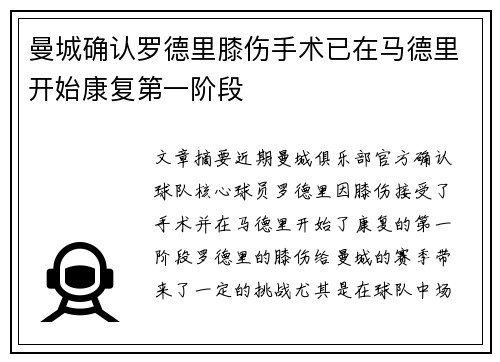 曼城确认罗德里膝伤手术已在马德里开始康复第一阶段 曼城确认罗德里膝伤手术已在马德里开始康复第一阶段